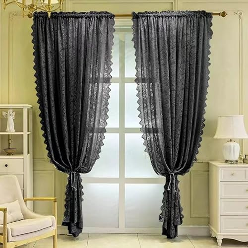 F-CHU Net Curtains 90 Drop Pair Black Luxury Lace Net Curtain for Living Room or patio French Themed Décor 140cm Width x 229cm Drop (55x 90) Black Curtains