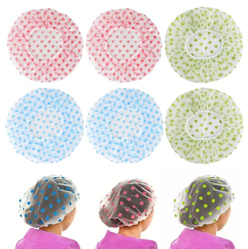 YPYMOD Duschhaube, 6 Stück Wasserdichte Duschhauben Damen, Große Elastische Shower Cap, Wiederverwendbare Duschkappe für Mädchen Frauen Kosmetik Zuhause Hotel Reisen(Blau, Rot, Grün)