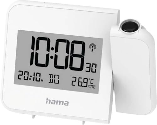 Hama Wecker mit Projektion (DCF Funkuhr mit Wand- oder Deckenprojektion, mit Thermometer, 2 Weckzeiten, Speed Alarm, Schlummerfunktion, Digitale Anzeige von Uhrzeit, Datum, Temperatur) weiß