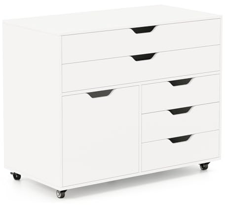 GIANTEX Rollcontainer mit 5 Schubladen & 1 Schrank, mobiler Aktenschrank mit 5 Rollen, Schubladenschrank unter Schreibtisch, 77,5 x 40 x 64 cm (Weiß)