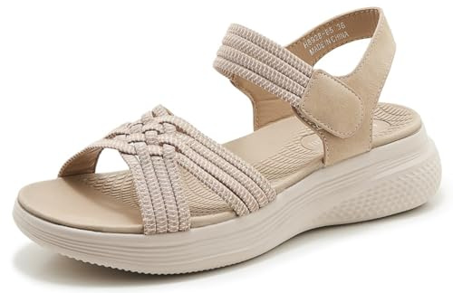 SMajong Damer öppna tår sportsandaler vandringssandaler med kardborreband bågestöd orthotic sandal mode vävda band sandaler, Beige, 38 EU