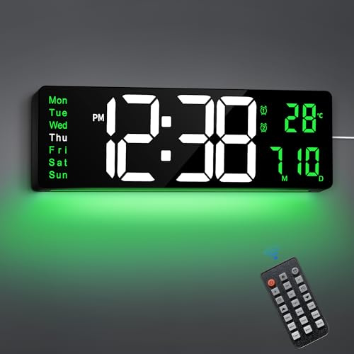 Maxstar Orologio 16 con Telecomando, 2 Sveglie, Ora Legale, Data, Dimmer, Temperatura, Numeri Jumbo, LED, Luci Notturne per Soggiorno, Cucina, Garage, Palestra (Verde)