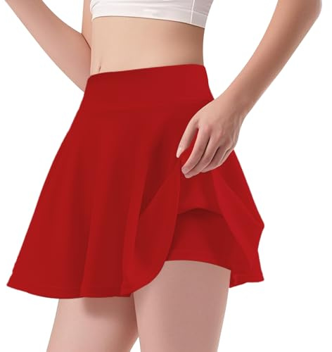 Bryndo Girls High Waisted Stretch Flippy Skater Skirt with Built-in Safety Shorts, Flared Pleated School Skirt, Casual, Dance, Gym Skirt(Red, XS)