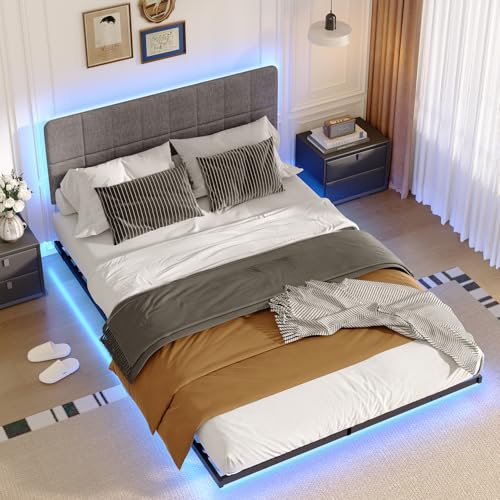 EROMMY Cadre double de 140 x 200 cm avec éclairage LED, optiquement flottant, avec tête de lit réglable, sommier à lattes en métal