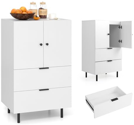 KOMFOTTEU Aparador de Cocina, Mueble Buffet con 2 Cajones y Armario con Puertas, Armario de Almacenamiento con Patas de Metal, para Salón, Comedor, Pasillo, 60 x 42 x 102 cm (Blanco)