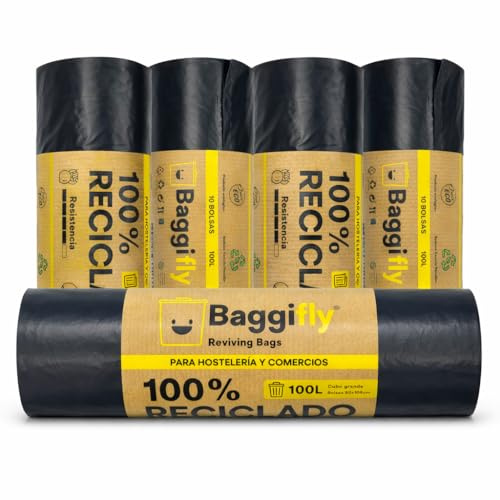 Baggifly, Bolsas de Basura 100L, 50 Bolsas Súper Resistentes, 100% Recicladas, ECO Friendly, Hostelería, Comercios y Jardinería, Pack 5 x 10, Fabricado en España