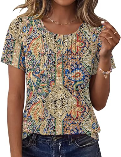 Rapbin T Shirts for Women Short Sleeve Blouses Dressy Ethnic Print, XL