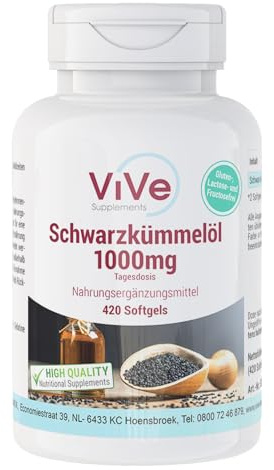 Huile de nigelle 1000mg - 420 gélules - 1000mg par jour - Pressée à froid - Hautement dosée - Avec de l'acide linolénique précieux - Qualité allemande - ViVe Supplements