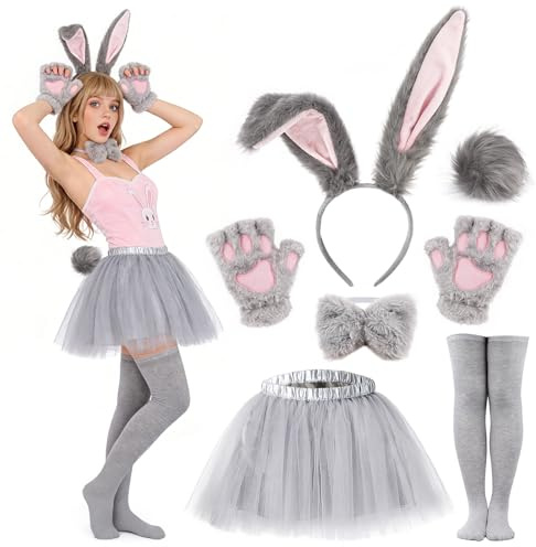 Beipegin Disfraz Conejo Adulto Orejas Conejo Pajarita Tutú y Cola Disfraces de Animales para Fiesta Carnaval Pascua Cosplay