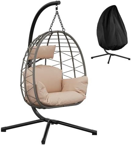 RBFGYIOP Cesta Appesa Rattan Verticale Pieghevole – Materiale Ferro+Poliestere, Copertura Antipioggia Nera, Rattan Grigio+Tessuto Beige, Ideale Per Balcone e Giardino