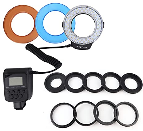 EBTOOLS anello flash 58 adatto per Portatile 48 Macro LED Anello Flash Luce di riempimento a Batteria con filtri Colorati Fotografia Adattatore per Fotocamere,