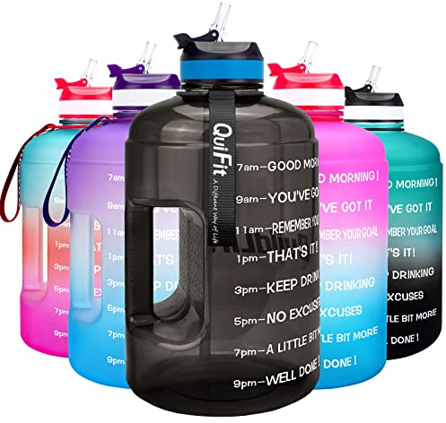 QuiFit 3.78 Litre Motivational Water Bottle - with Straw & Time Marker,Wide Mouth,BPA Free,Reusable,Ideal for Gym,Outdoor Sport,Home & Office (Midnight black)