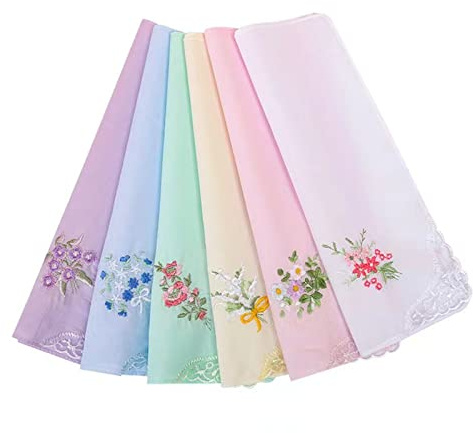 Ladies Hankies Cotton Embroidery Ladies' Vintage Floral Lace Handkerchiefs for Wedding Party (6 Pack)