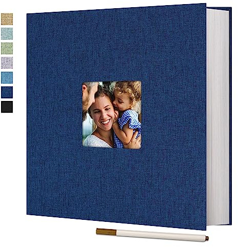 Vienrose Photo Album Self Adhesive Book with Window 120 Pages 33x32cm Blue | Linen Cover, Scrapbook Album, 4X6 8X10 Photos, Metallic Pen, Wedding Baby Travel