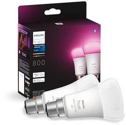 Philips Hue White and Colour Ambiance Smart Bulb Twin Pack LED [B22 Bayonet Cap] - 806 Lumens 60W Equivalent. for Home Indoor Lighting, Livingroom and Bedroom, 2 Count (Pack of 1)