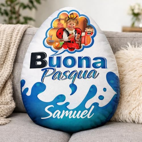 gadgeteventi CUSCINO A FORMA DI UOVO PASQUALE PERSONALIZZATO CON FOTO E NOME BIMBO/A (Blu)
