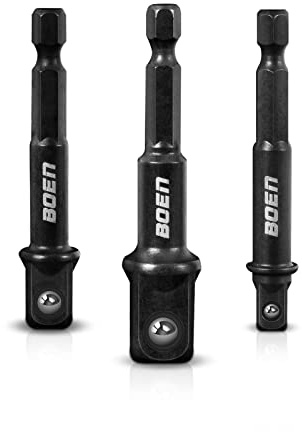 BOEN Impact Grade Socket Adapter Set, 3-PCS Drill Bit Adapter with Bit Holder, Sizes 1/4, 3/8, 1/2, 1/4-Inch SAE Hex Shank, Cr-V with Black Phosphate Finish