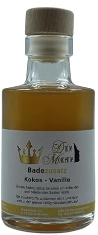Dufte Momente Badezusatz Kokos-Vanille 100ml - hochwertiges Badeöl in attraktiver Glasflasche mit Korkmündung