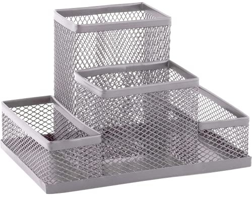 CABLEPELADO Organizador de escritorio lápices y notas metálico, Portalápices metálico, Soporte para útiles de escritura, Organizador de escritorio multiuso, 20 cm de largo x 10 cm alto, Plateado