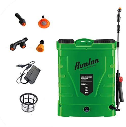 Avalon - Pulverizador de Mochila a Presión con Batería Recargable, Tanque 16L, Lanza INOX Verde. Incluye arnés, Cargador y Set de boquillas de pulverizado