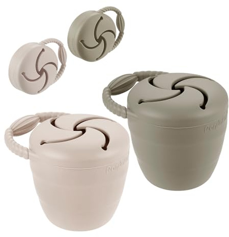 PandaEar Contenedores de Bocadillos de Silicona, Tazas Plegables a Prueba de Derrames con Recolector de Alimentos para Bebés y Niños Pequeños, Paquete de 2 (Beige Caro/Nuez)