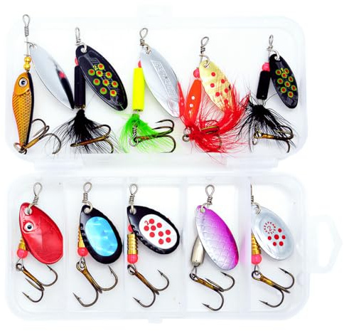 Steinn Pack of 10 Spinner Blinker Spoon Set with Treble Hooks Sequins Artificial Bait 3 g - 12 g for Trout Bass Salmon Pike Zander Fishing Lure with Bait Box