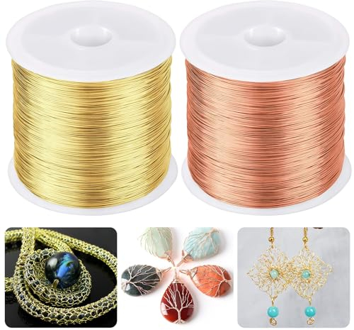 NINGYER 2 Rollen Schmuckdraht, 0,3 mm x 100m Schmuckdraht Gold, Anlaufgeschützt Gold Kupferdraht, Für Schmuckherstellung, DIY Perlen Ringe, Armbänder und Basteln