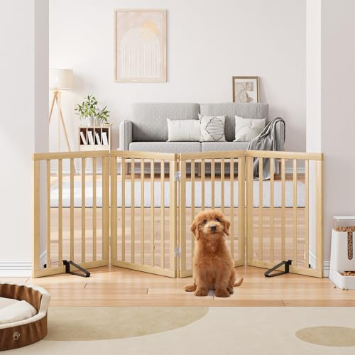 Semiocthome massiv hundgrind i bambu med 2 ställ, fristående husdjursgrindar för dörröppningar och trappor, 61 cm höjd – 4 paneler valpgrind för huset, helt monterad säkerhetsstaket för inomhusgrind