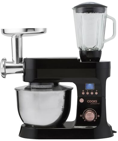 Cooks Professional Stand Mixer & Mincer 1200W | Electric Food Mixer with Pulse Setting | 6.2 Litre Stainless Steel Bowl | Blending Jug, Dough Hook, Whisk, Beater & Splash Guard | Black/Rose Gold