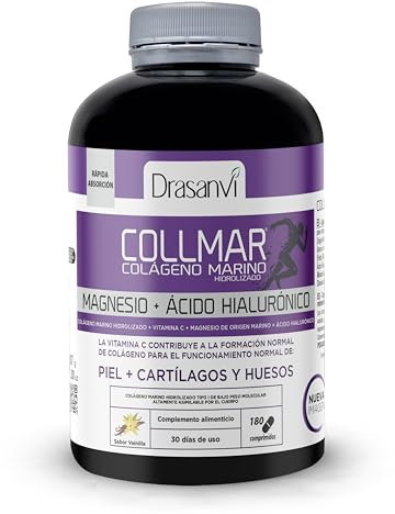 DRASANVI COLLMAR COLAGENO HIDROLIZADO con Ácido Hialurónico, Magnesio y Vitamina C Natural - Huesos y Articulaciones - Colágeno Marino 3.900 mg/día | 180 comp = 30 días | Sabor Vainilla