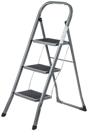 Daniks Stehleiter 3 Stufen, Klappbar, Trittleiter aus Metall, Klappleiter bis 150 kg, Klapptritt Tritthocker, Leiter mit Handlauf und Rutschfester Plattform, Haushaltsleiter für Zuhause und Büro