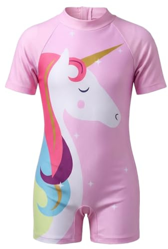Moneric Girls Swimming Costume Kids One Piece Swimsuit Unicorn Swimwear UV Protection Zipper Bathing Suit Rash Guard Surfing Beachwear Pink Age 7-8 Year