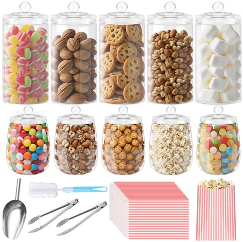 Mssushi 10 Stück Candy Bonbongläser, Kunststoff Bonbonglas mit Deckel,Wiederverwendbar sweets desire Süßigkeitengläser für Party,Süßigkeitenbuffet,60 Tüten,2 Zangen,1 Schaufel,1 Bürste