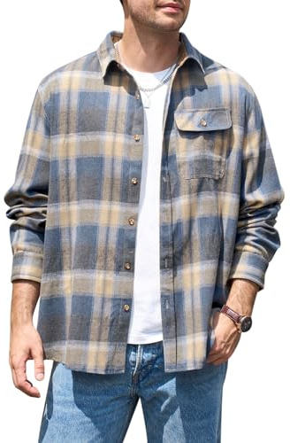 Runcati Camisa de manga larga para hombre a cuadros, camisa de franela con botones, camisa informal para hombre, corte regular, informal, con bolsillo en el pecho, azul, M
