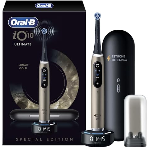 Oral-B iO10 Spazzolino Elettrico Lunar Gold, Spazzolino Elettrico Oral B, Testina Ultimate Clean, Caricatore Magnetico, Custodia da Viaggio, Supporto Igienico per Testine, Pulizia Denti