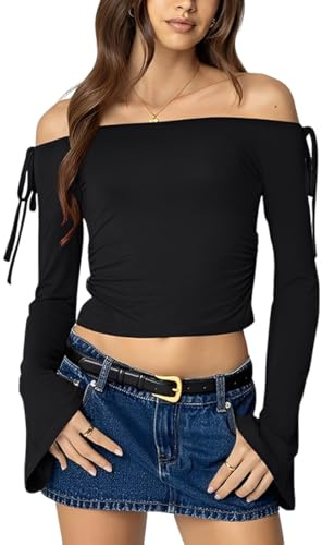 Gkaopi Camiseta Manga Larga para Mujer Sexy Crop Top con Hombros Descubiertos Casual Slim Fit T-Shirt Mujer Elegante Ajuste Top Y2K Classics Básica Blusa tee Tops Club Party Streetwear