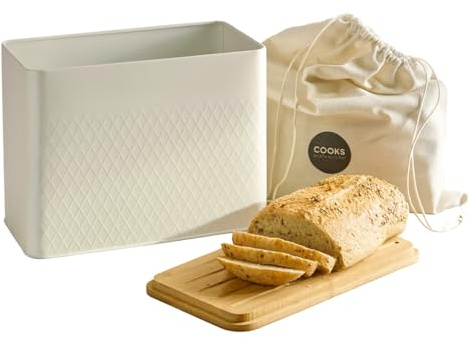 Cooks Professional Bread Bin with Linen Bag & Bamboo Cutting Board Lid | Modern & Stylish Diamond Pattern | Breathable Rectangular Countertop Food Storage Canister for Loaves, Rolls, Pastries | White