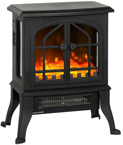 HOMCOM Chimenea Eléctrica de Pie, Chimenea Decorativa, 900/1800W, Efecto Llama 3D, 2 Niveles de Potencia, Termostato Ajustable, Ventanas Visibles, para 15-30 ㎡, Negro