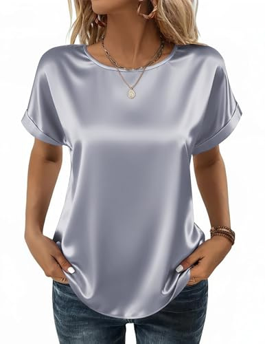 Blusas de Mujer Elegantes de Satén Manga Corta Camisetas Básica Camisa