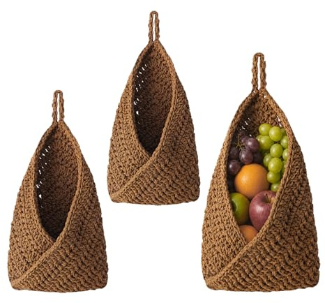 Frutero Cocina Colgante Cesta, Fruteros de Cocina Modernos 3 Piezas con 3 Clavo Invisible Fruteira, Cesta de Almacenamiento de Algodón Cesta para Fruta de Pared para Decoración, Salón