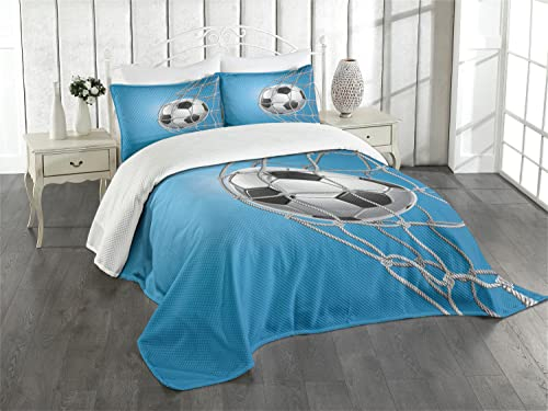 ABAKUHAUS Fußball Tagesdecke Set, Goal Ball im Netz, Set mit Kissenbezug Maschienenwaschbar, für Einzelbetten 170 x 220 cm, Blaues Hellgraues schwarz
