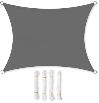 SONGMICS Vela de Sombra de 3 x 4 m, Impermeable con Columna de Agua de 665 mm, Protección Solar, Protección UV 93%, Terraza, Jardín, Balcón, Rectangular, Cuerdas de 2 m, Gris Ahumado GSH34GYV1