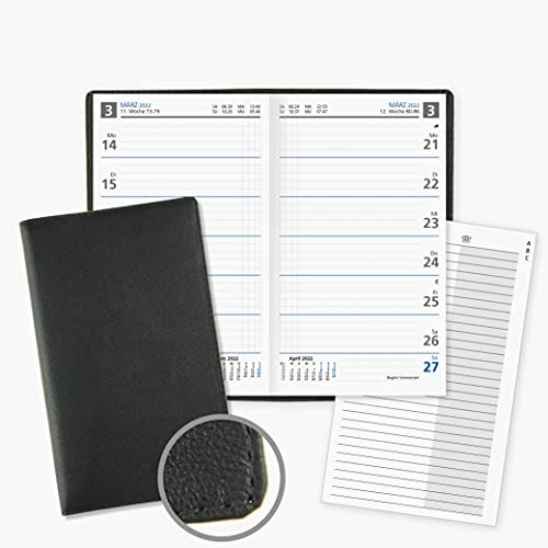 Lederkalender Taschenkalender 2026 Einband aus Leder mit Wochenübersicht Sonn- und Feiertage in Blau mit 8-seitigen Adressheft