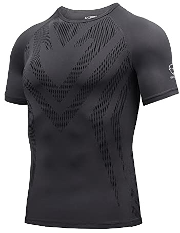 AMZSPORT Camisa de Compresión Deportiva para Hombre Camiseta de Manga Corta Camiseta de Secado Rápido Capa Base para Correr, Gris, M