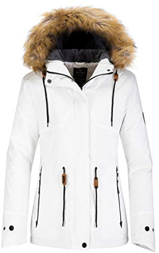 Wantdo Giacca da Sci Impermeabile Parka da Snowboard Antivento Cappotto da Montagna con Cappuccio con Pelliccia Giubbotto da Escursionismo Donna Bianco Crema L