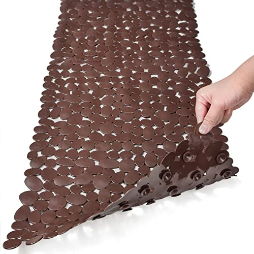 SONGZIMING Alfombrilla antideslizante para bañera con agujeros de drenaje, ventosas para bañera (16 pulgadas de ancho x 35 pulgadas de largo, marrón)