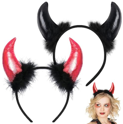 Serre Tete Halloween Femme Diable, 2Pcs Serre-tête Cornes de Diable, Diable Oreilles Bandeau, Serre Tete Ange Noir, pour Fête Halloween Carnaval Ornement Accessoire Enfant Adult Femme Fille Cosplay