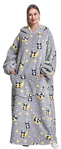Seogva Extra Long Wearable Blanket Hoodie, Oversized Blanket Sweatshirt, Super Warm and Cozy Giant Hooded Blanket with Sleeves and Giant Pocket (Pandas), One Size