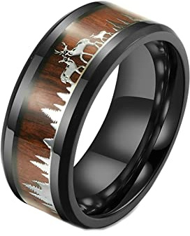 Ayoiow Anillo Hombre Acero Plata Anillos Hombres Caballero Incrustación De Anillos De Banda Unida Con Patrón Madera Y Alce