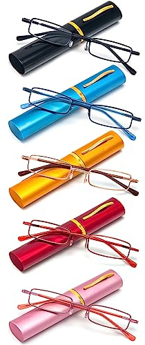 REAVEE 5 Pack Slim Portable Reading Glasses for Men Women, Computer Blue Light Blocking Small Readers Metal Frame Spring Hinge with Pocket Compact Pen Case, Black Red Pink Blue Gold 2.75